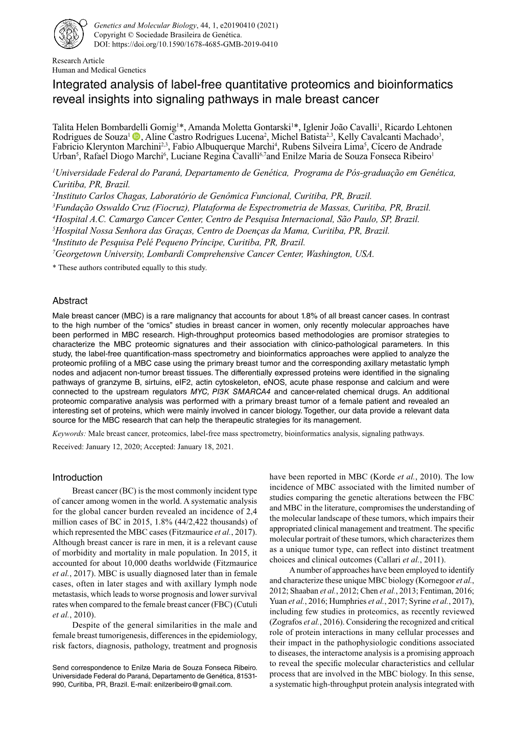 Genetics and Molecular Biology, 44, 1, E20190410 (2021) Copyright © Sociedade Brasileira De Genética