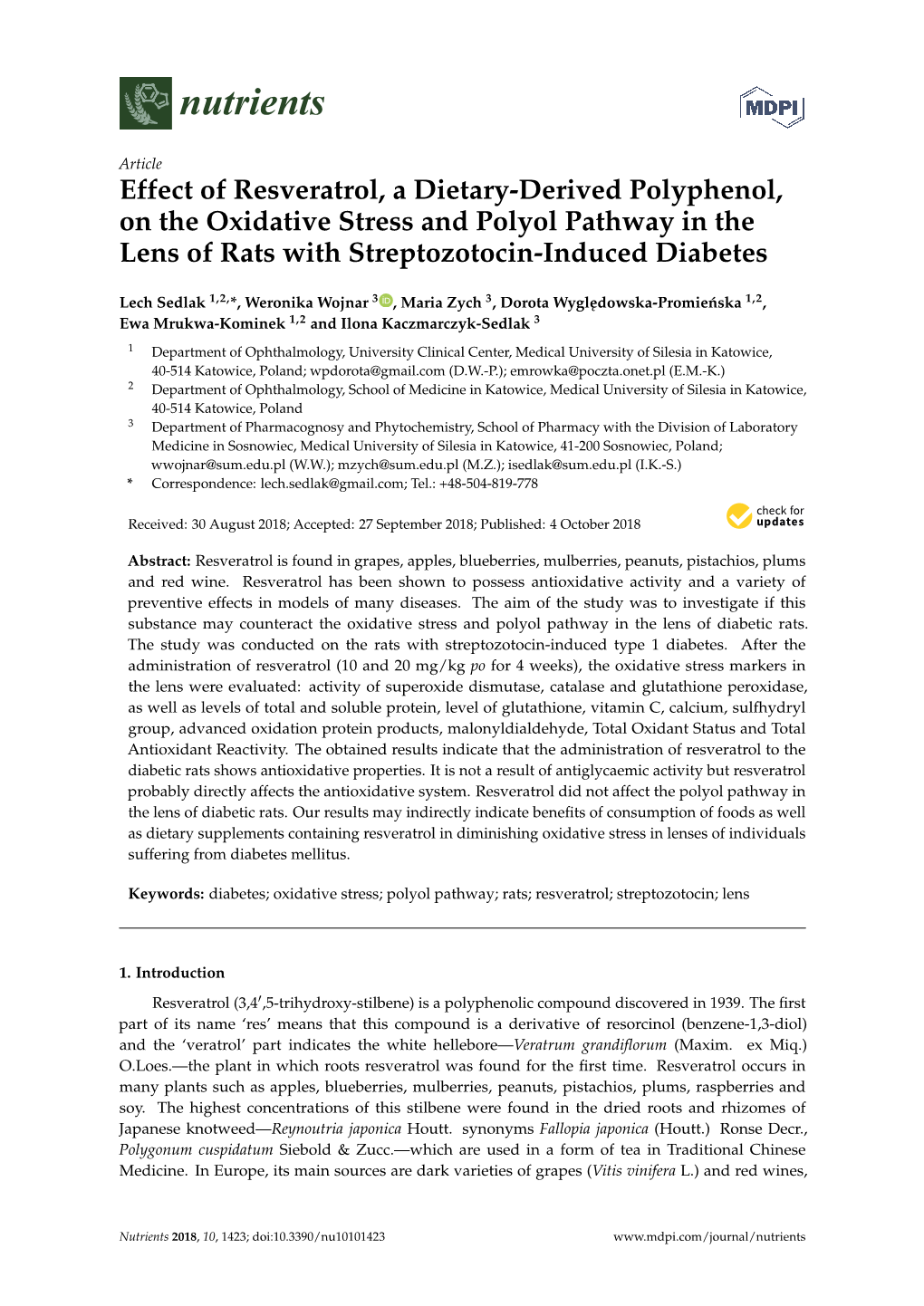 Effect of Resveratrol, a Dietary-Derived Polyphenol, on the Oxidative Stress and Polyol Pathway in the Lens of Rats with Streptozotocin-Induced Diabetes