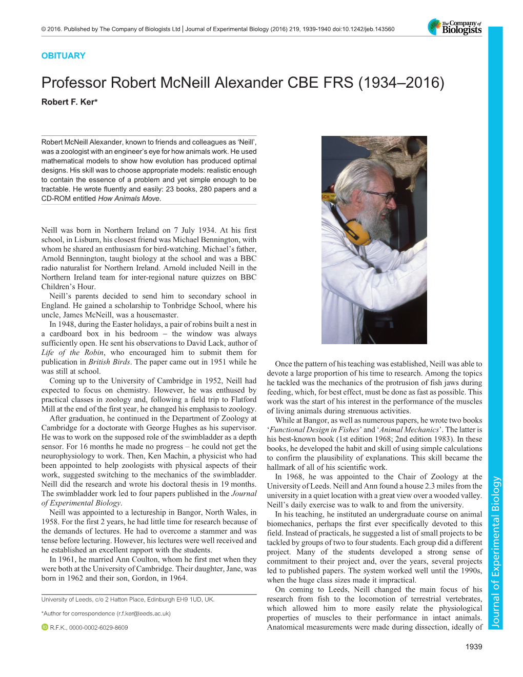 Professor Robert Mcneill Alexander CBE FRS (1934–2016) Robert F