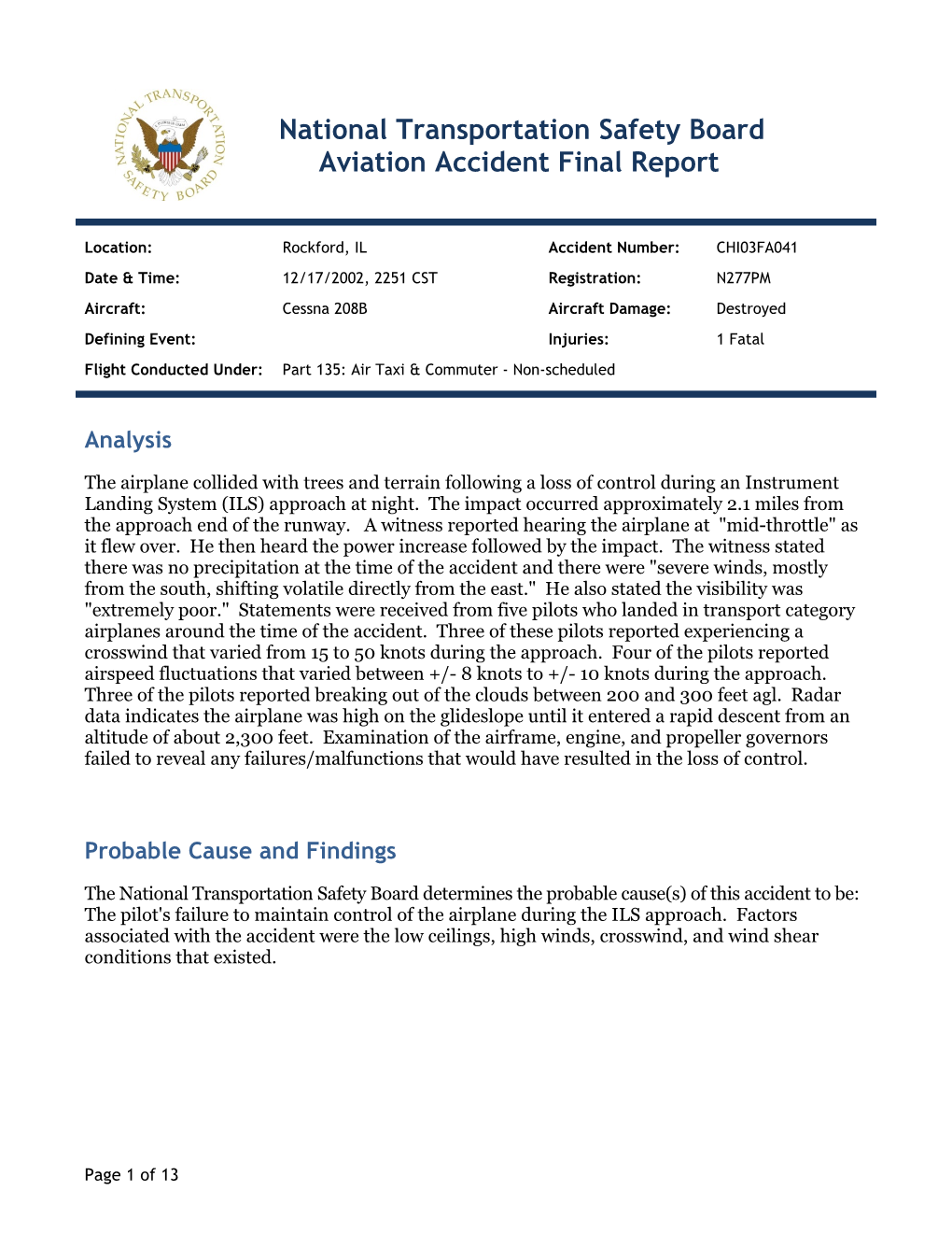 National Transportation Safety Board Aviation Accident Final Report