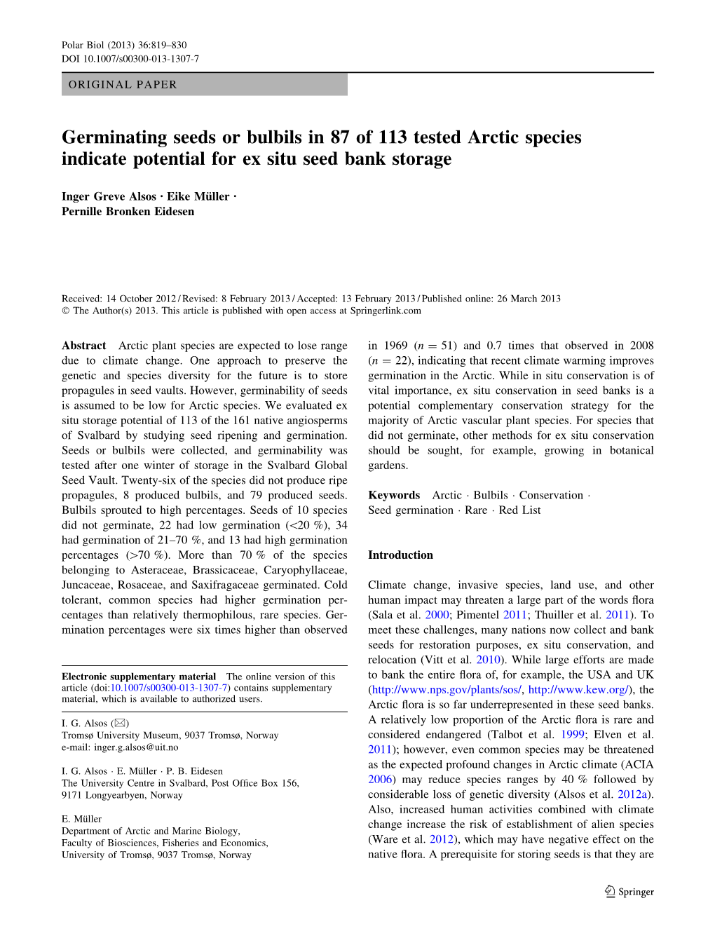 Germinating Seeds Or Bulbils in 87 of 113 Tested Arctic Species Indicate Potential for Ex Situ Seed Bank Storage