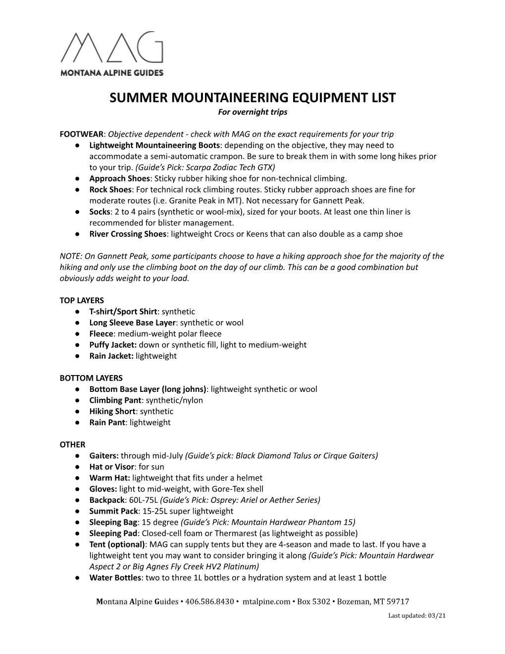 SUMMER MOUNTAINEERING EQUIPMENT LIST for Overnight Trips