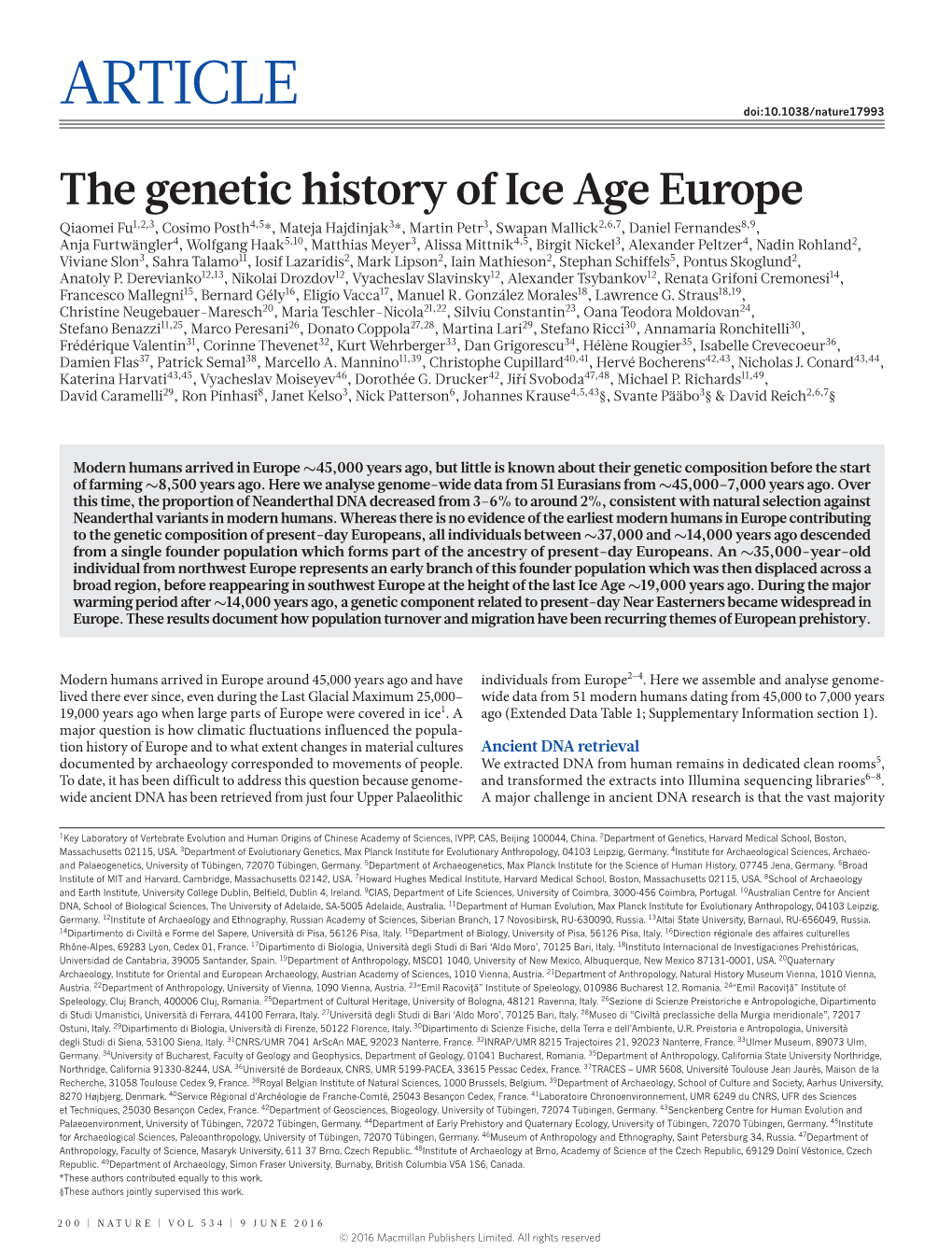 The Genetic History of Ice Age Europe