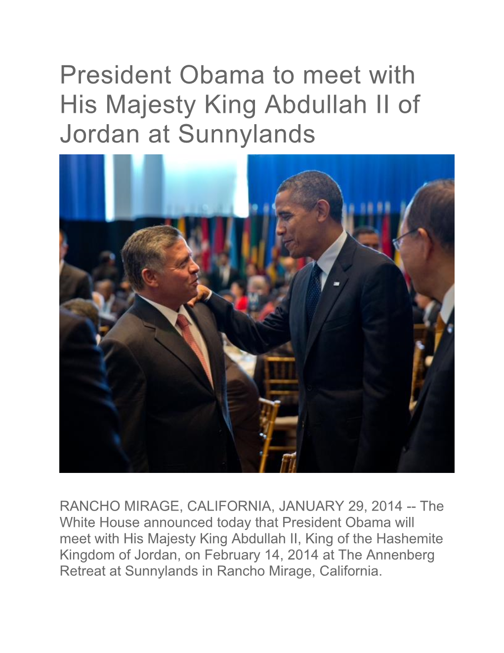 President Obama to Meet with His Majesty King Abdullah II of Jordan at Sunnylands