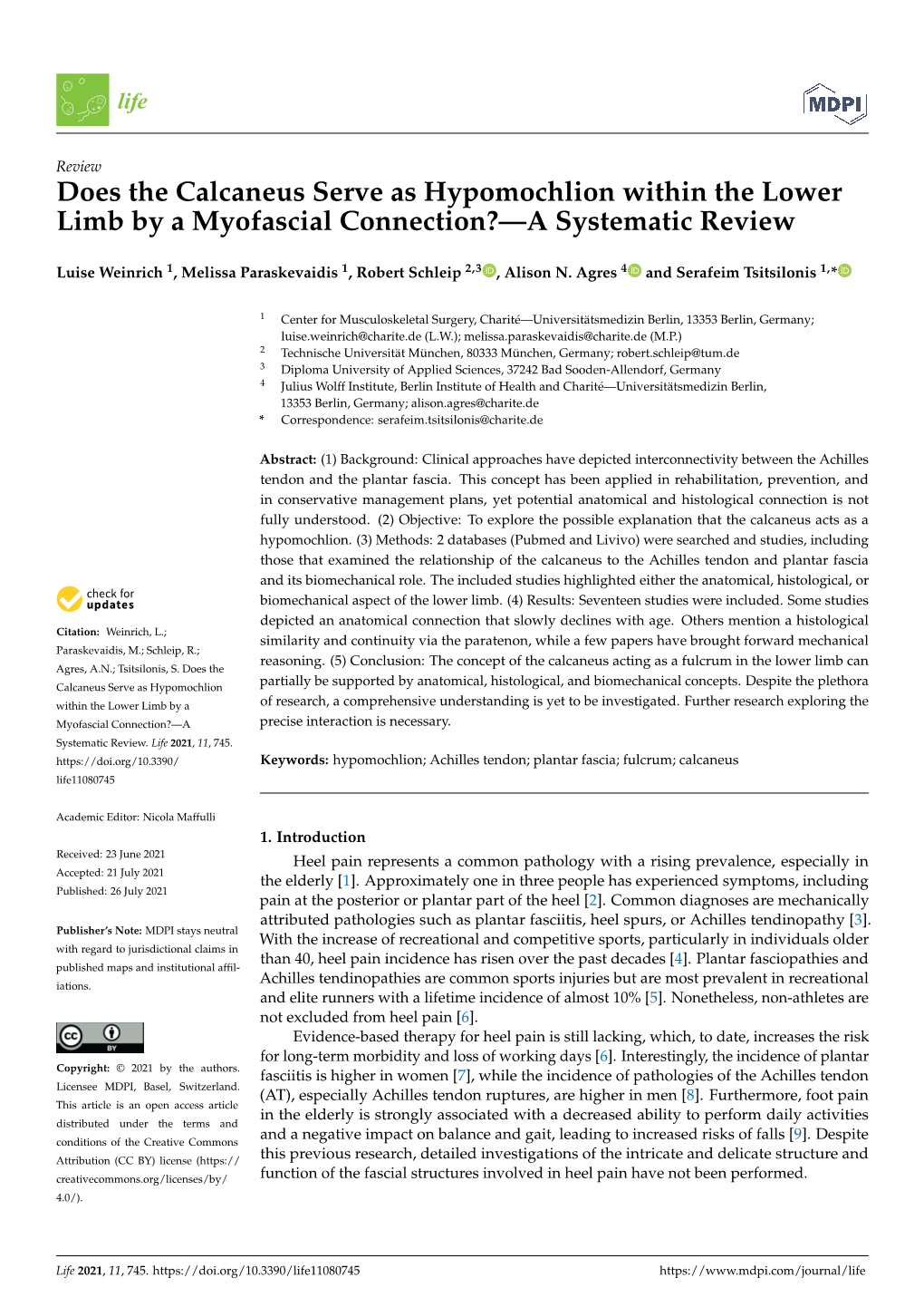 Does the Calcaneus Serve As Hypomochlion Within the Lower Limb by a Myofascial Connection?—A Systematic Review