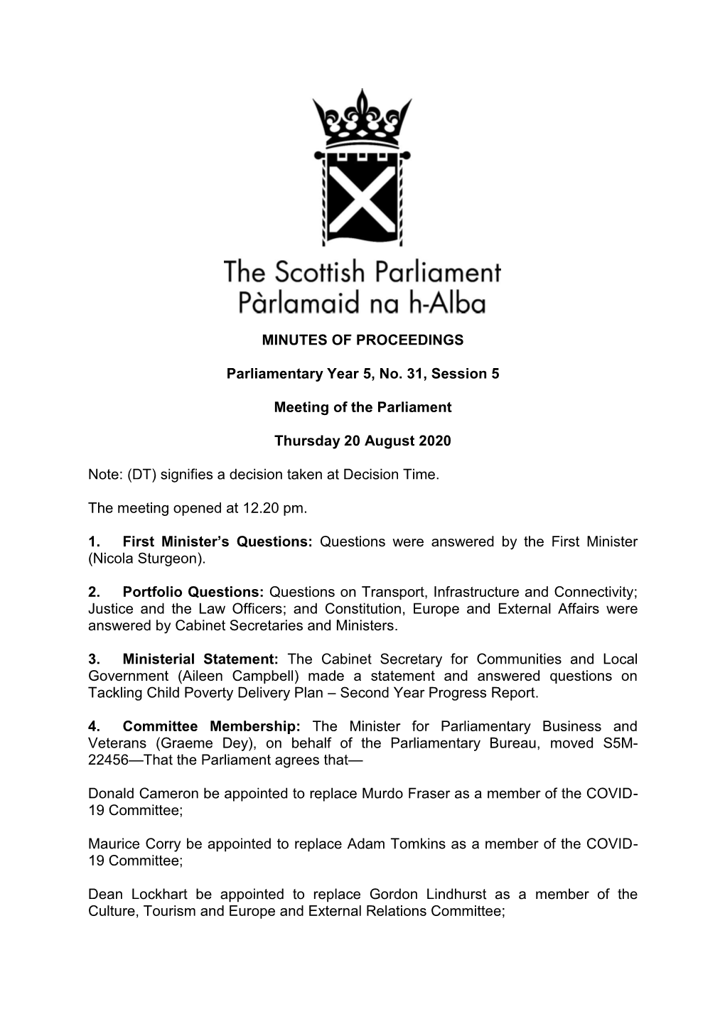 Minutes of Proceedings of the Parliament of Thursday 20 August 2020