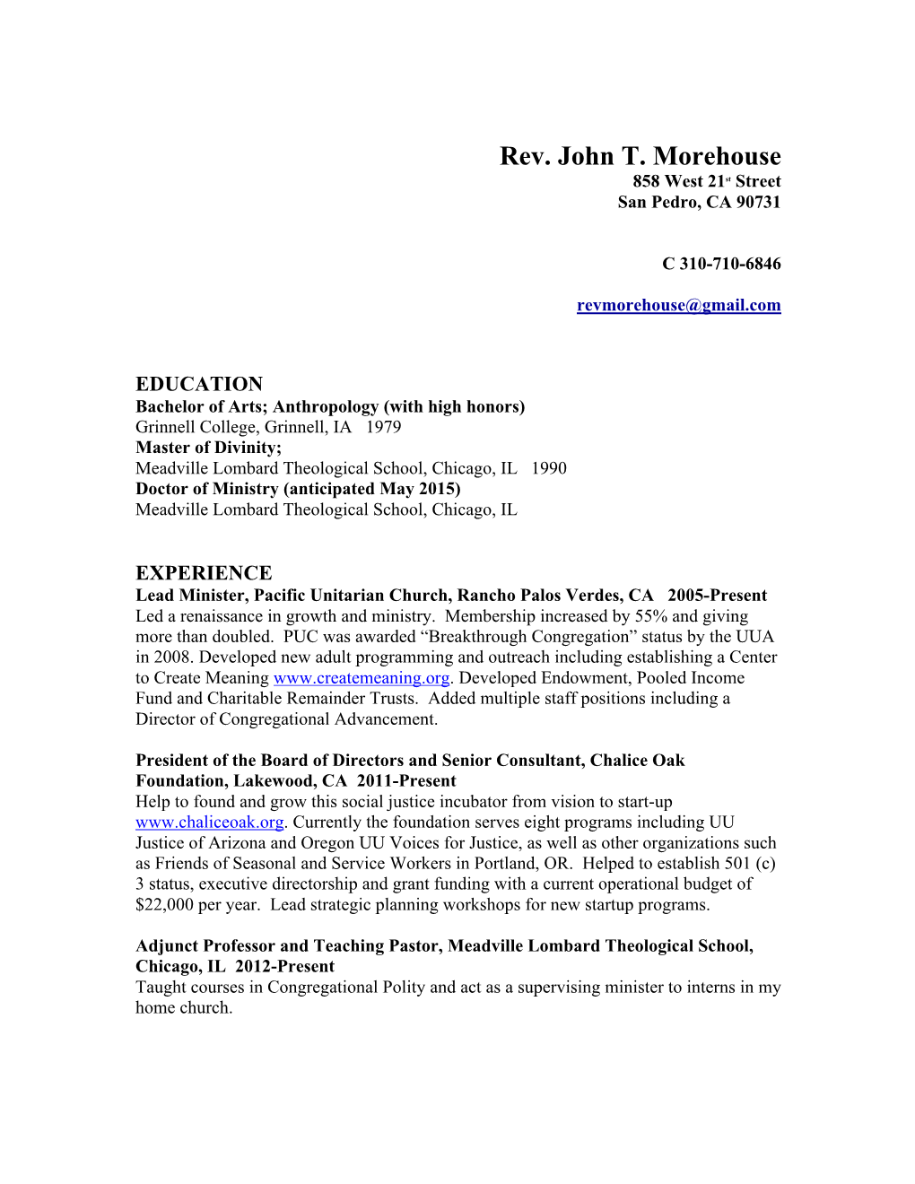 Rev. Morehouse Resume