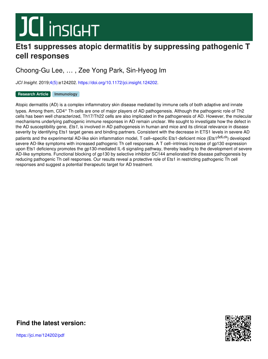 Ets1 Suppresses Atopic Dermatitis by Suppressing Pathogenic T Cell Responses