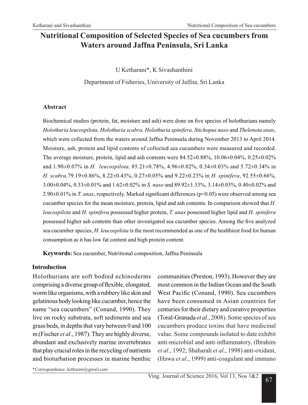 Nutritional Composition of Selected Species of Sea Cucumbers from Waters Around Jaffna Peninsula, Sri Lanka