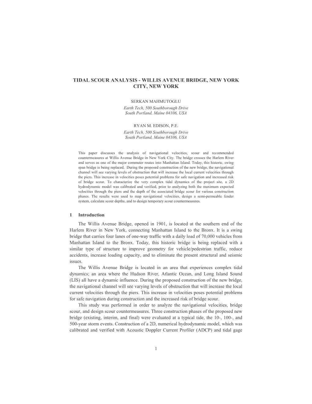 Tidal Scour Analysis - Willis Avenue Bridge, New York City, New York