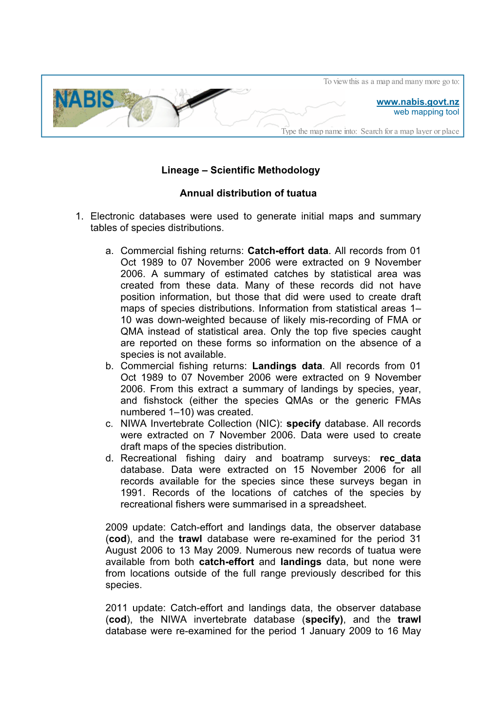 Lineage – Scientific Methodology Annual Distribution of Tuatua 1