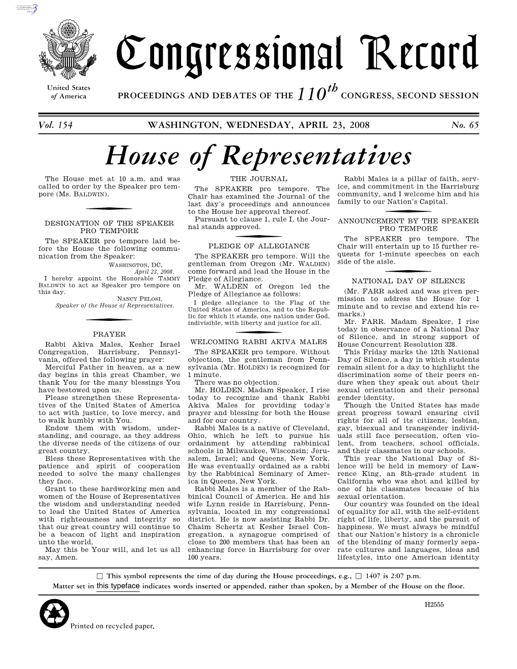 Congressional Record United States Th of America PROCEEDINGS and DEBATES of the 110 CONGRESS, SECOND SESSION