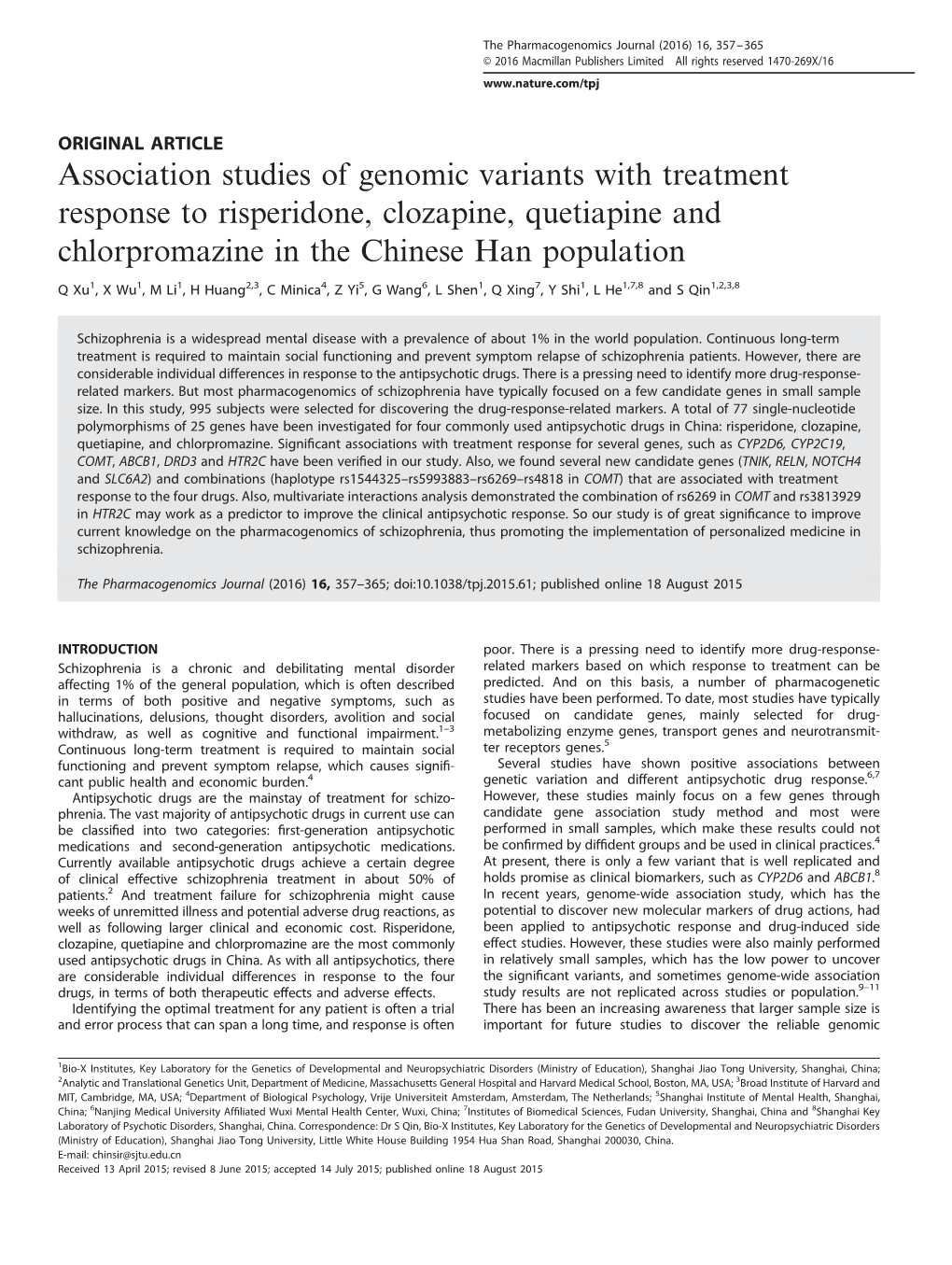 Association Studies of Genomic Variants with Treatment Response to Risperidone, Clozapine, Quetiapine and Chlorpromazine in the Chinese Han Population