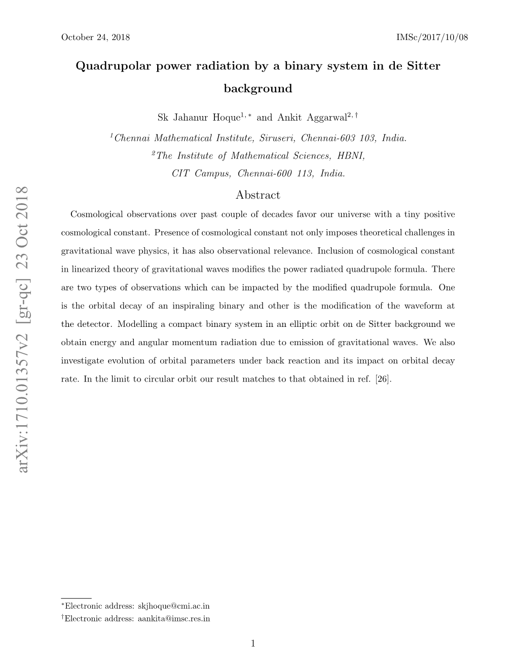 Quadrupolar Power Radiation by a Binary System in De Sitter Background