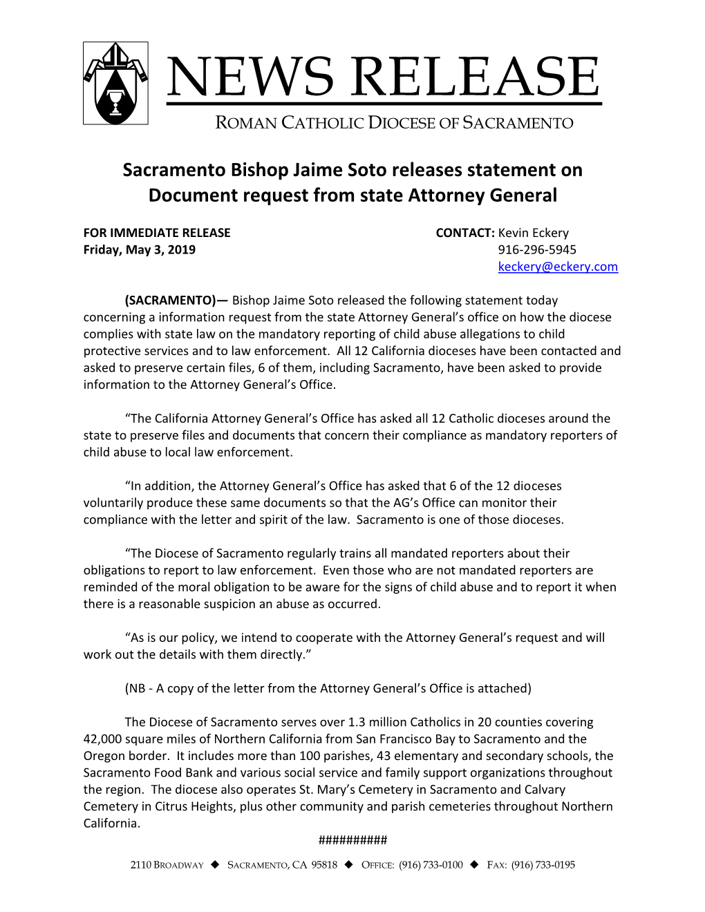 News Release Roman Catholic Diocese of Sacramento