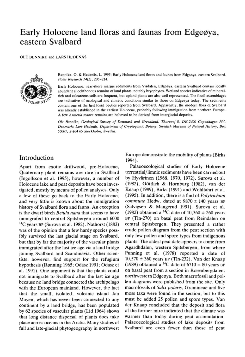 Early Holocene Land Floras and Faunas from Edgeoya, Eastern Svalbard