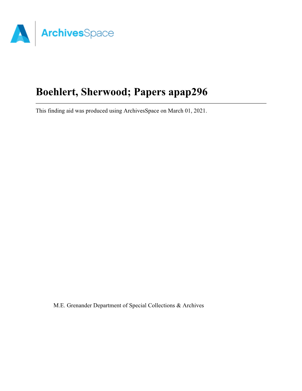 Boehlert, Sherwood; Papers Apap296