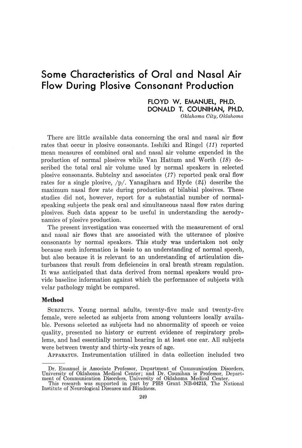 Some Characteristics of Oral and Nasal Air Flow During Plosive