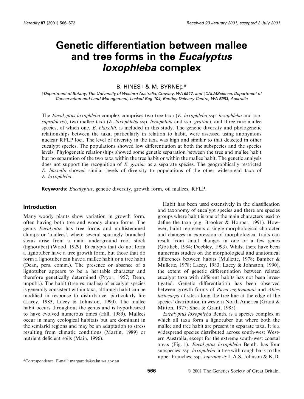 Genetic Differentiation Between Mallee and Tree Forms in the Eucalyptus Loxophleba Complex