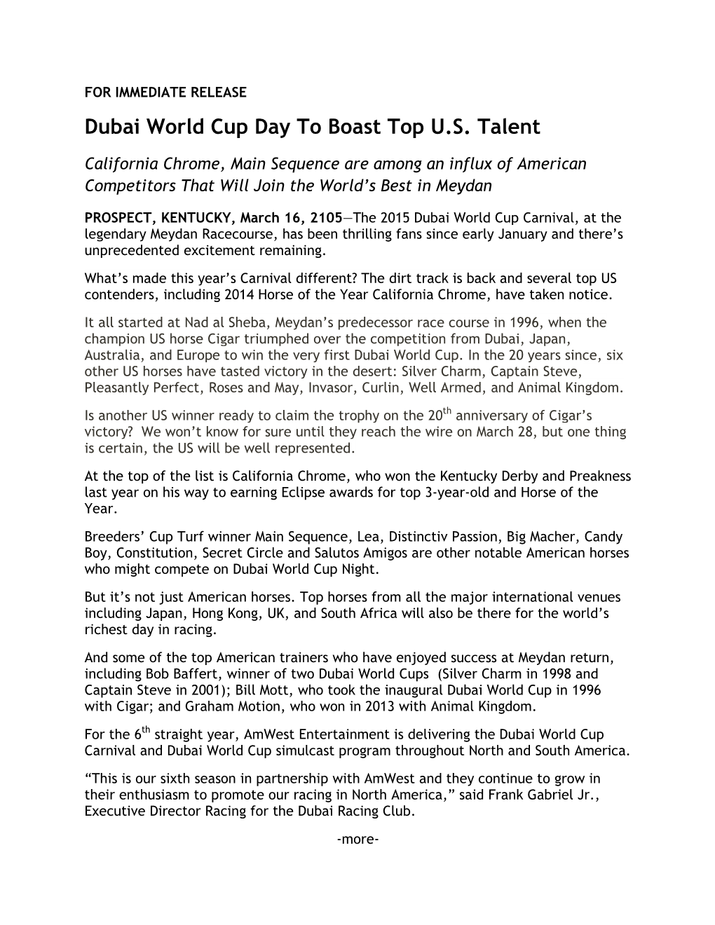 Dubai World Cup Day to Boast Top U.S. Talent