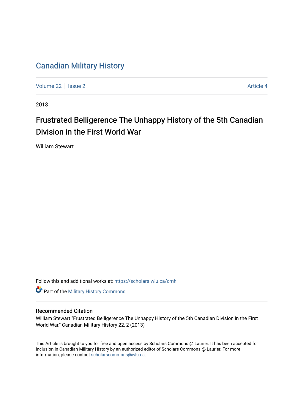 Frustrated Belligerence the Unhappy History of the 5Th Canadian Division in the First World War