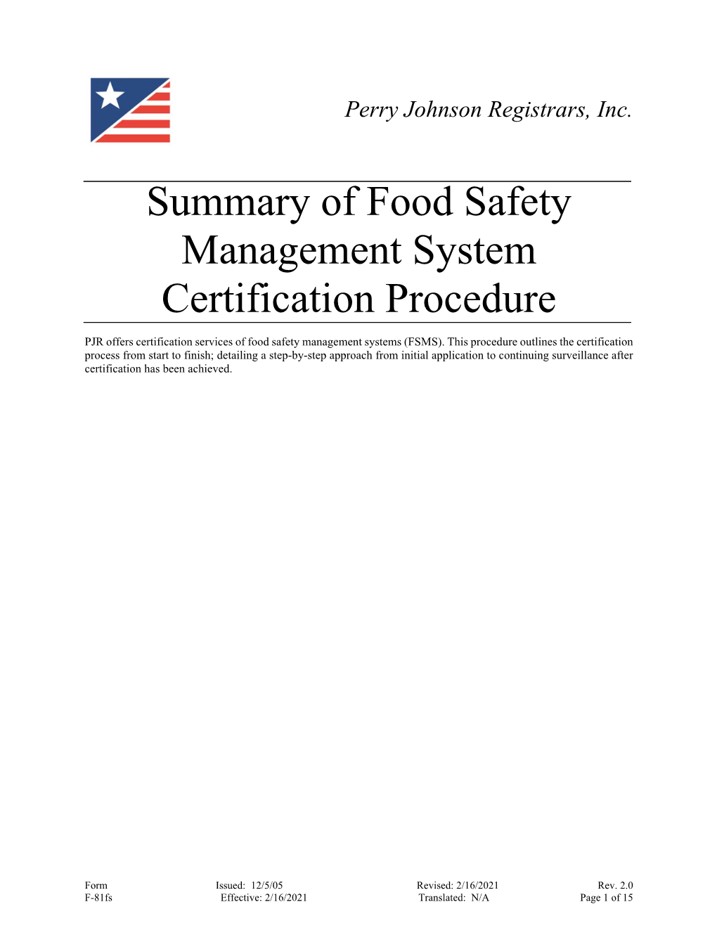 Summary of Food Safety Management System Certification Procedure