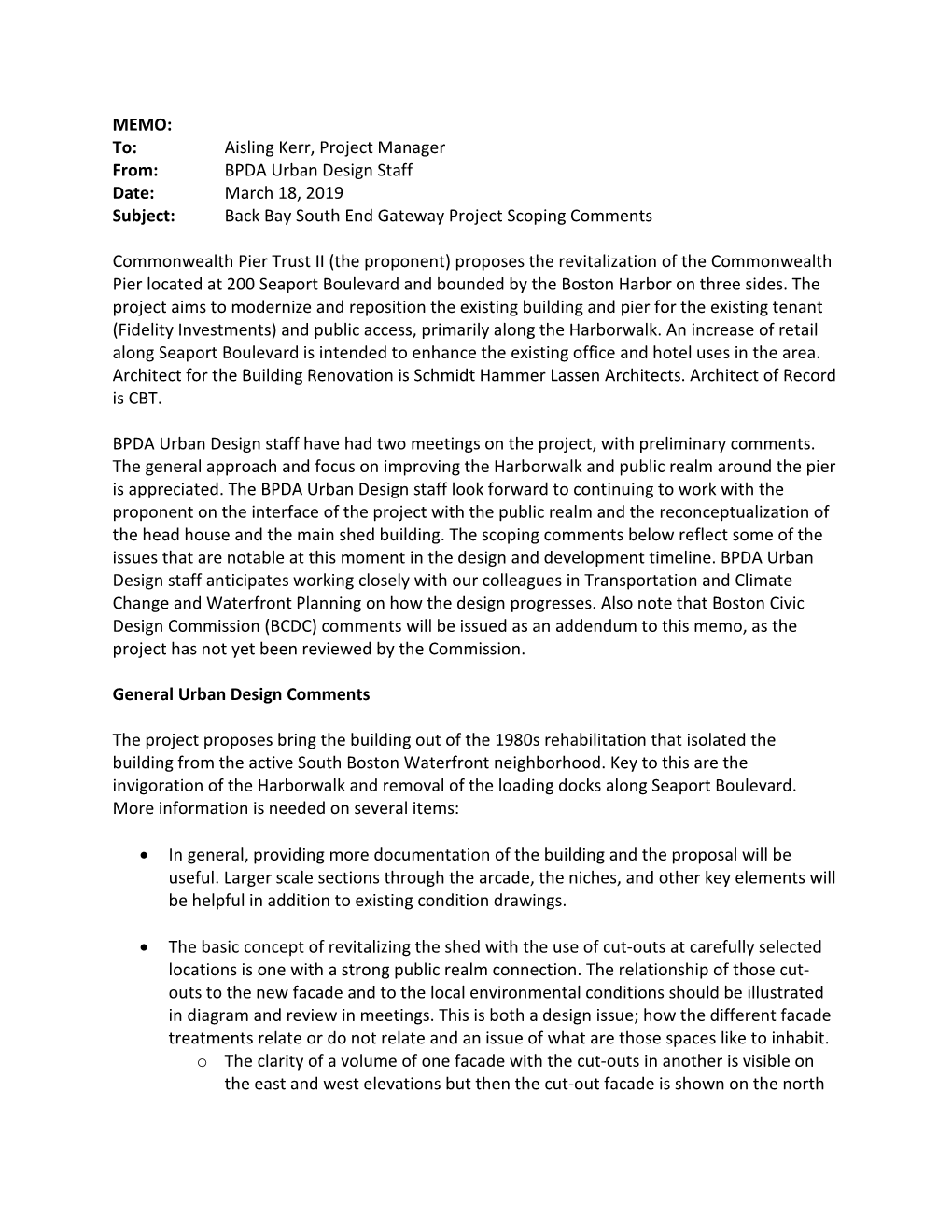 Aisling Kerr, Project Manager From: BPDA Urban Design Staff Date: March 18, 2019 Subject: Back Bay South End Gateway Project Scoping Comments