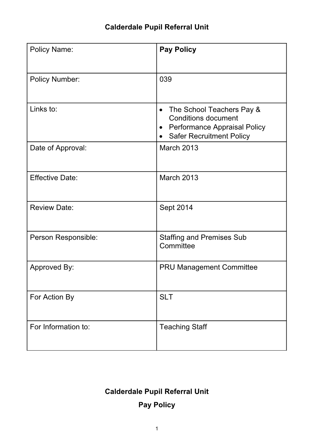 Model Pay Policy for Schools - 2010