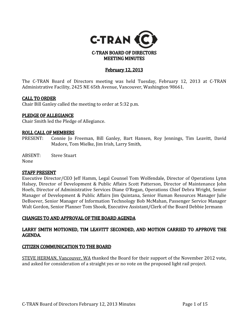 C-TRAN Board of Directors February 12, 2013 Minutes Page 1 of 15 C