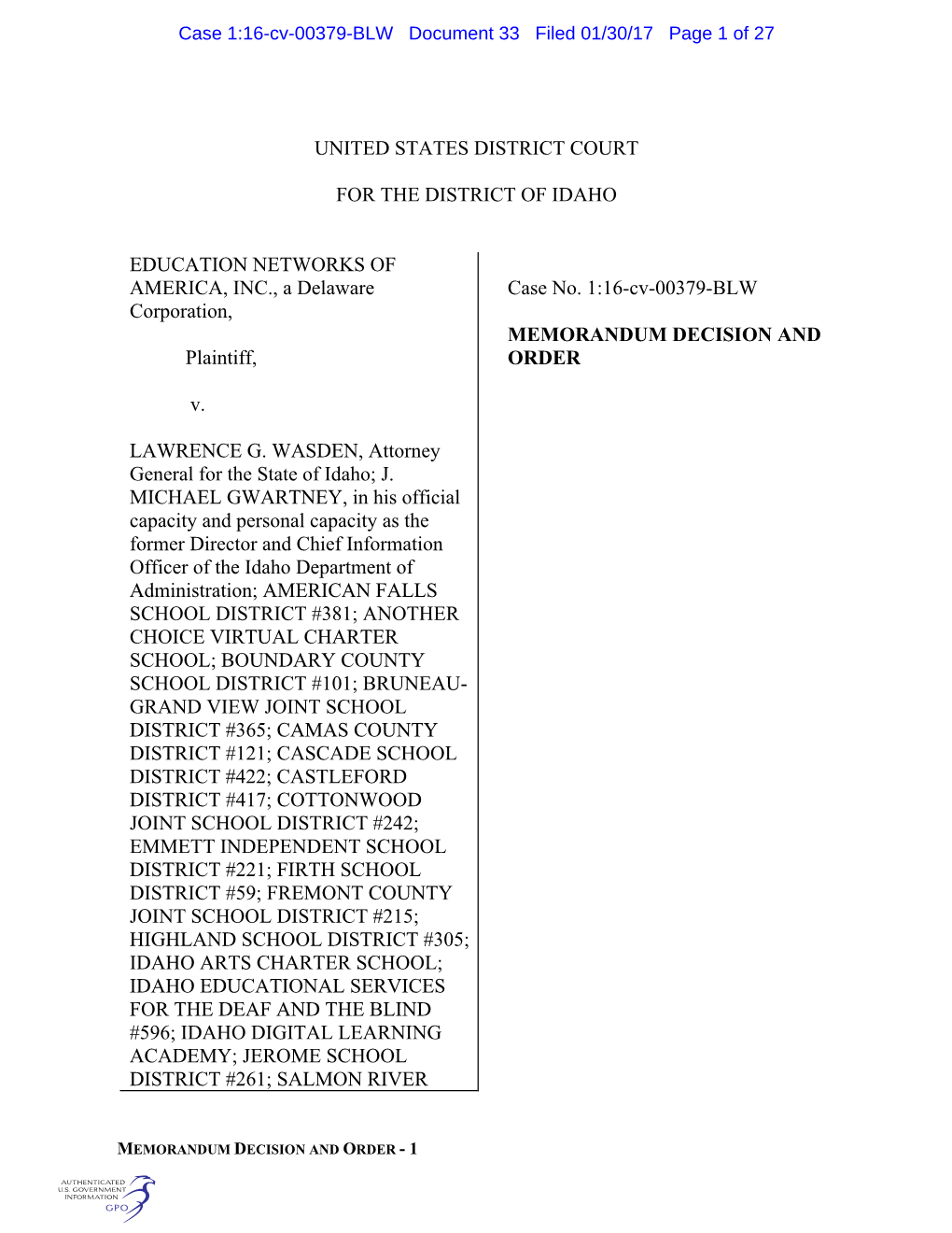 Case 1:16-Cv-00379-BLW Document 33 Filed 01/30/17 Page 1 of 27