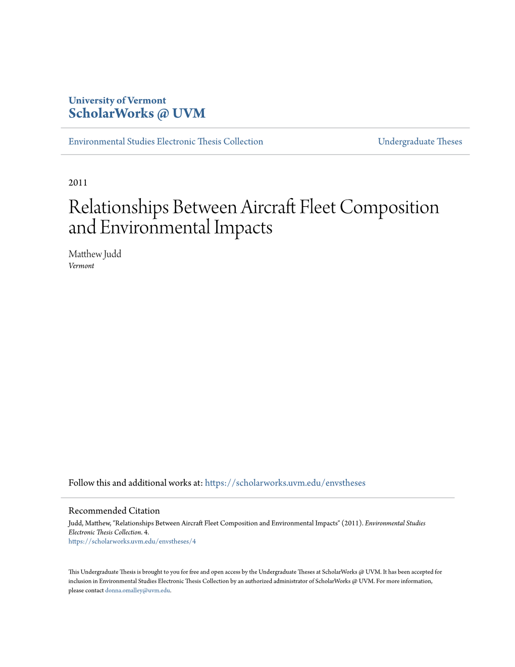 Relationships Between Aircraft Fleet Composition and Environmental Impacts" (2011)