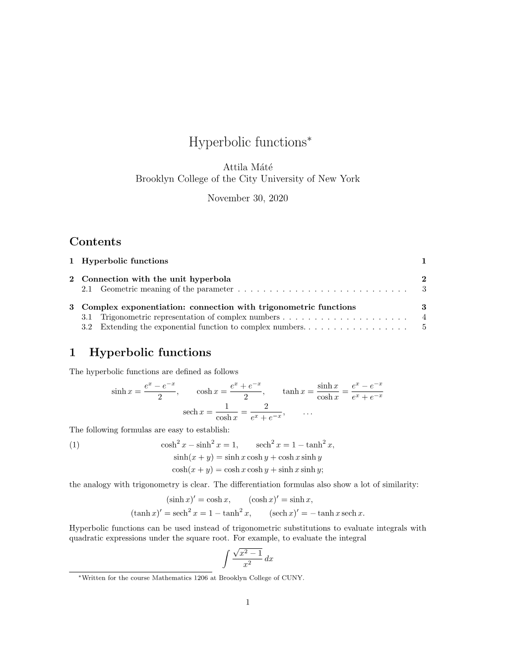 Hyperbolic Functions∗