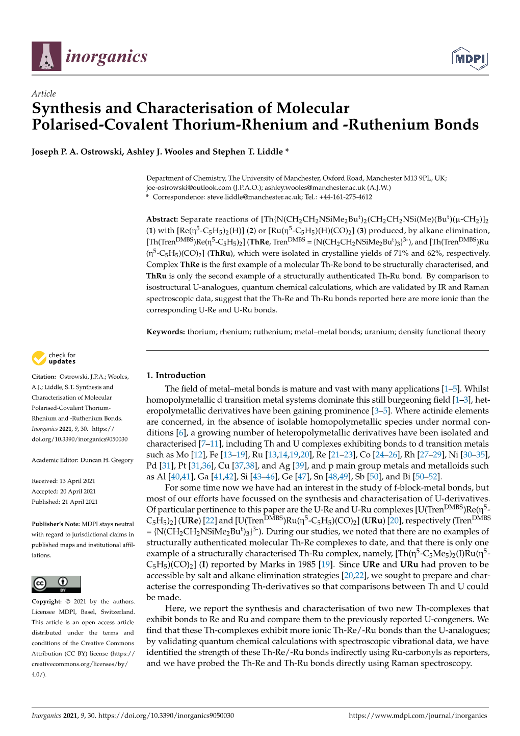 Synthesis and Characterisation of Molecular Polarised-Covalent Thorium-Rhenium and -Ruthenium Bonds