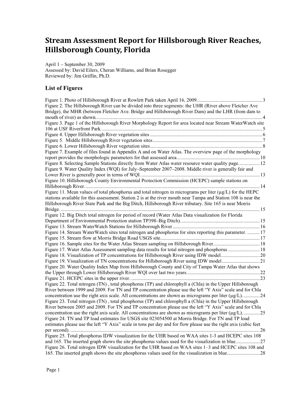 Stream Assessment Report for Hillsborough River Reaches, Hillsborough County, Florida