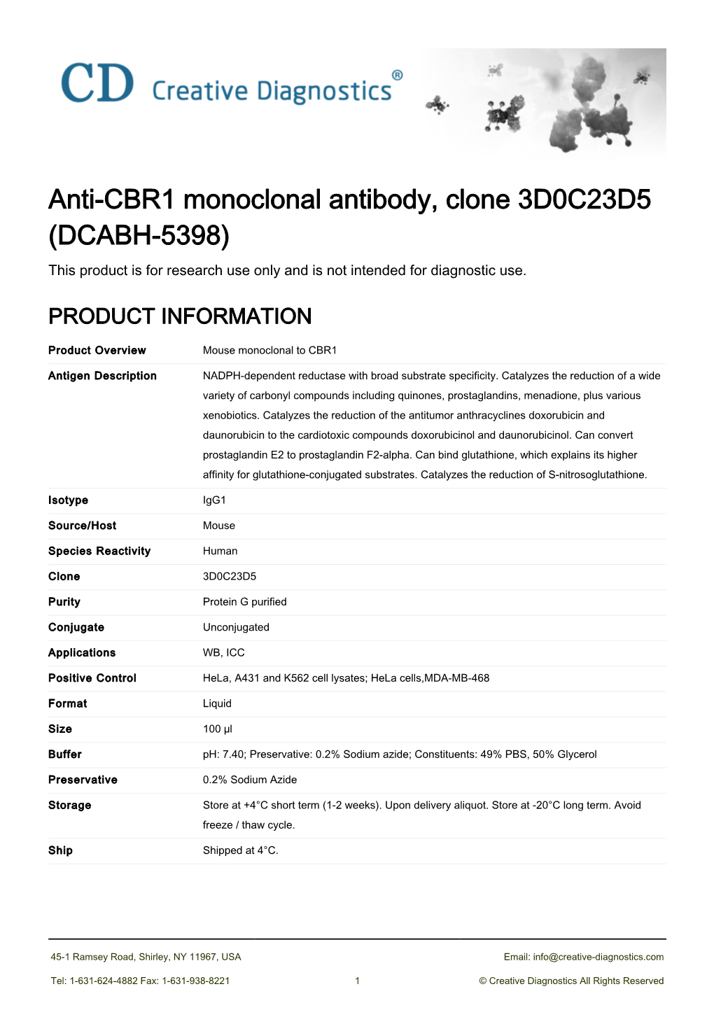 Anti-CBR1 Monoclonal Antibody, Clone 3D0C23D5 (DCABH-5398) This Product Is for Research Use Only and Is Not Intended for Diagnostic Use