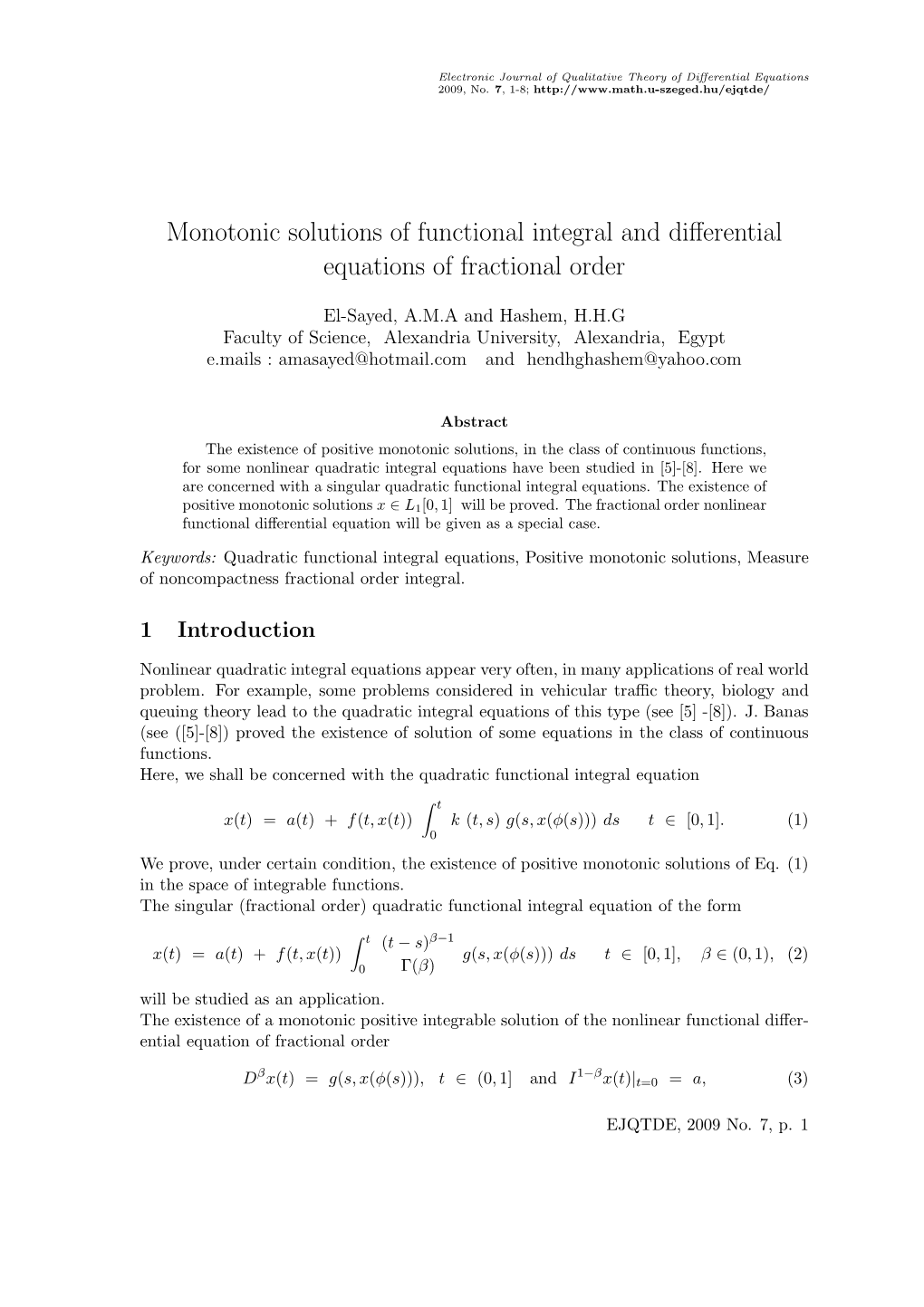 Monotonic Solutions of Functional Integral and Differential Equations Of