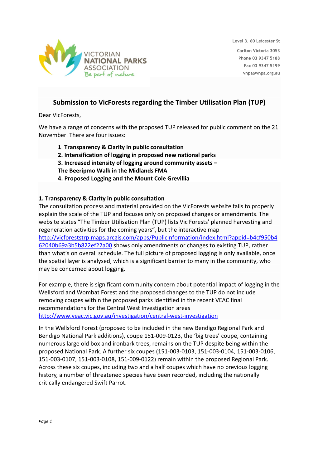 Submission to Vicforests Regarding the Timber Utilisation Plan (TUP)