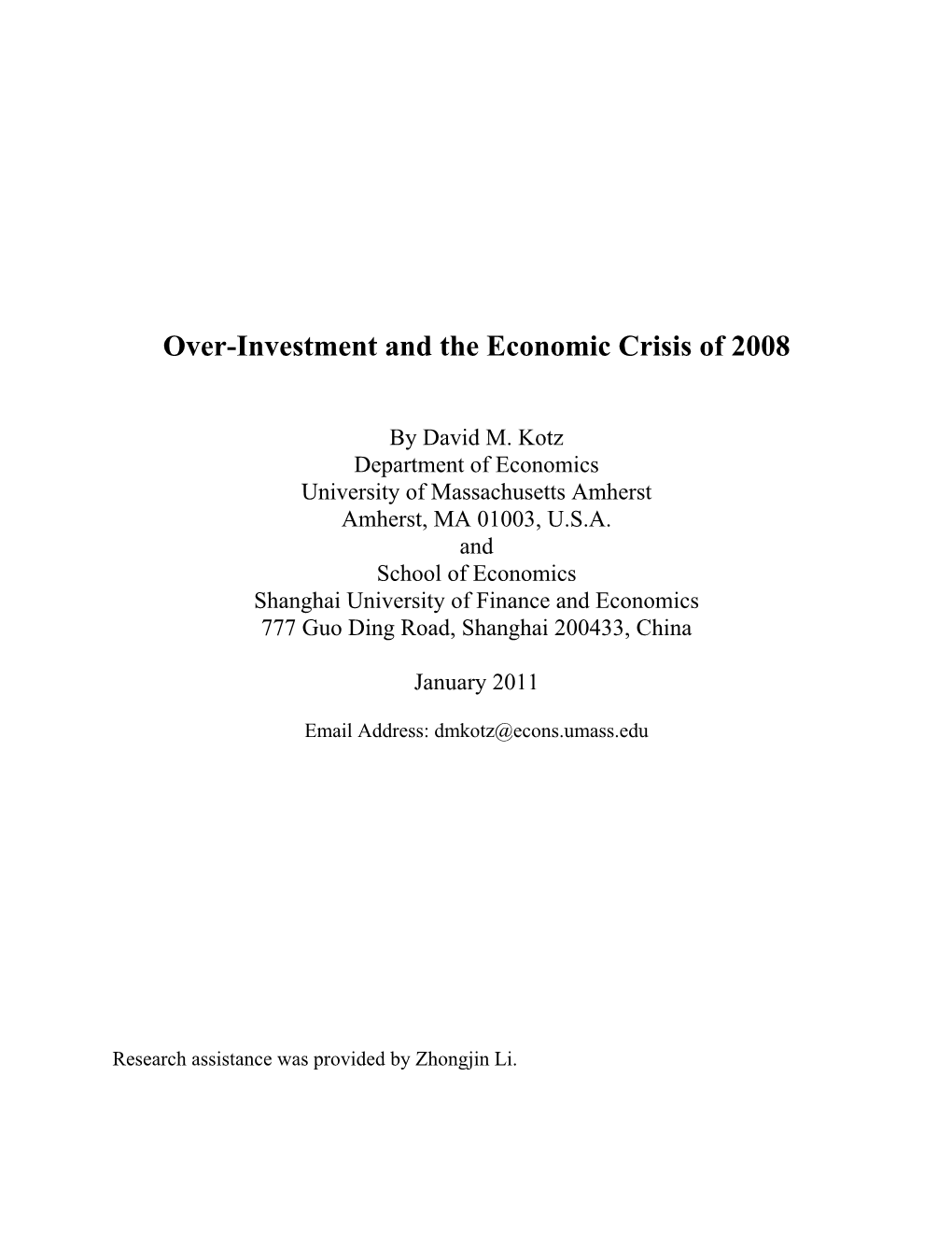 Over-Investment and the Economic Crisis of 2008