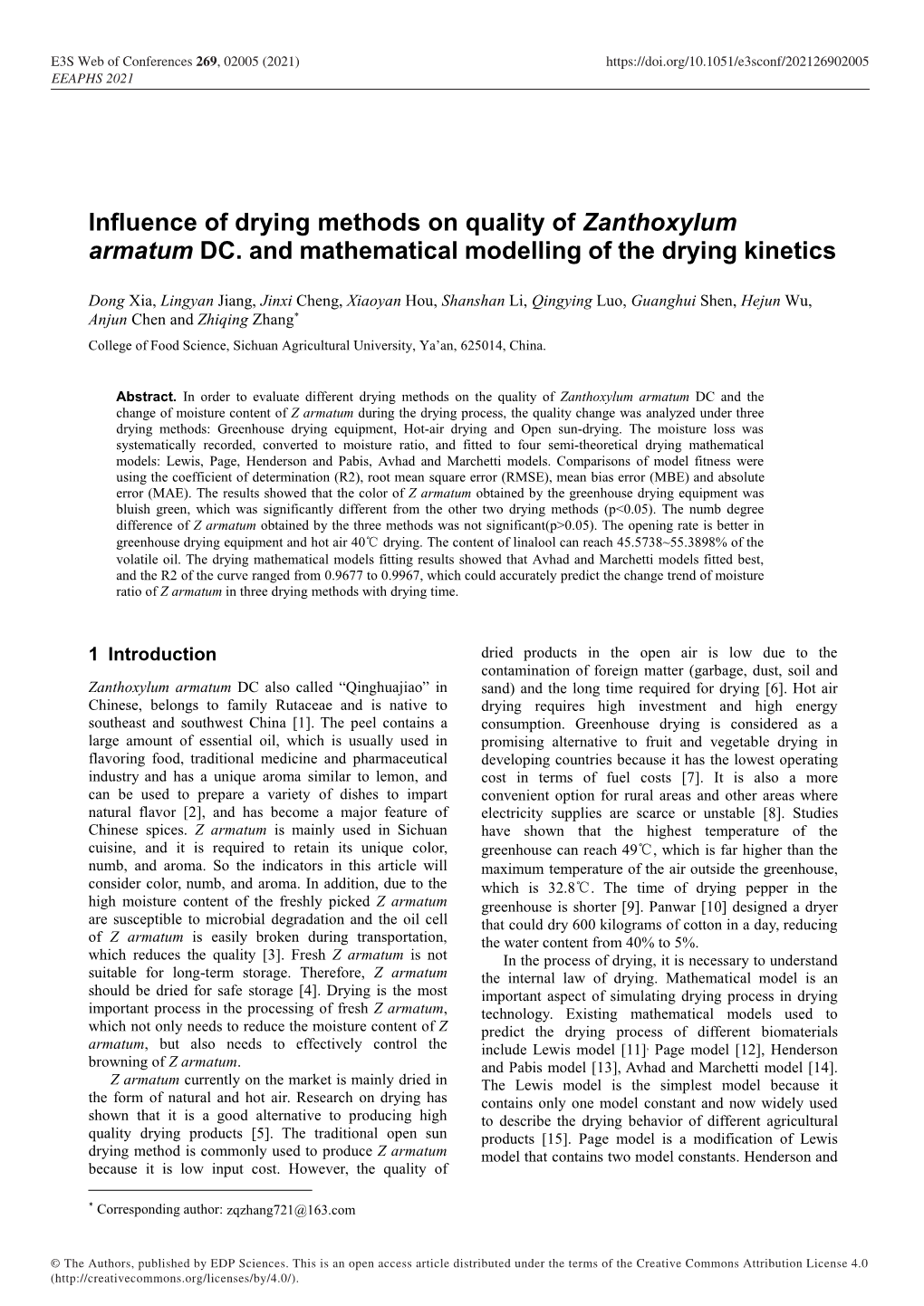 Influence of Drying Methods on Quality of Zanthoxylum Armatum DC. and Mathematical Modelling of the Drying Kinetics