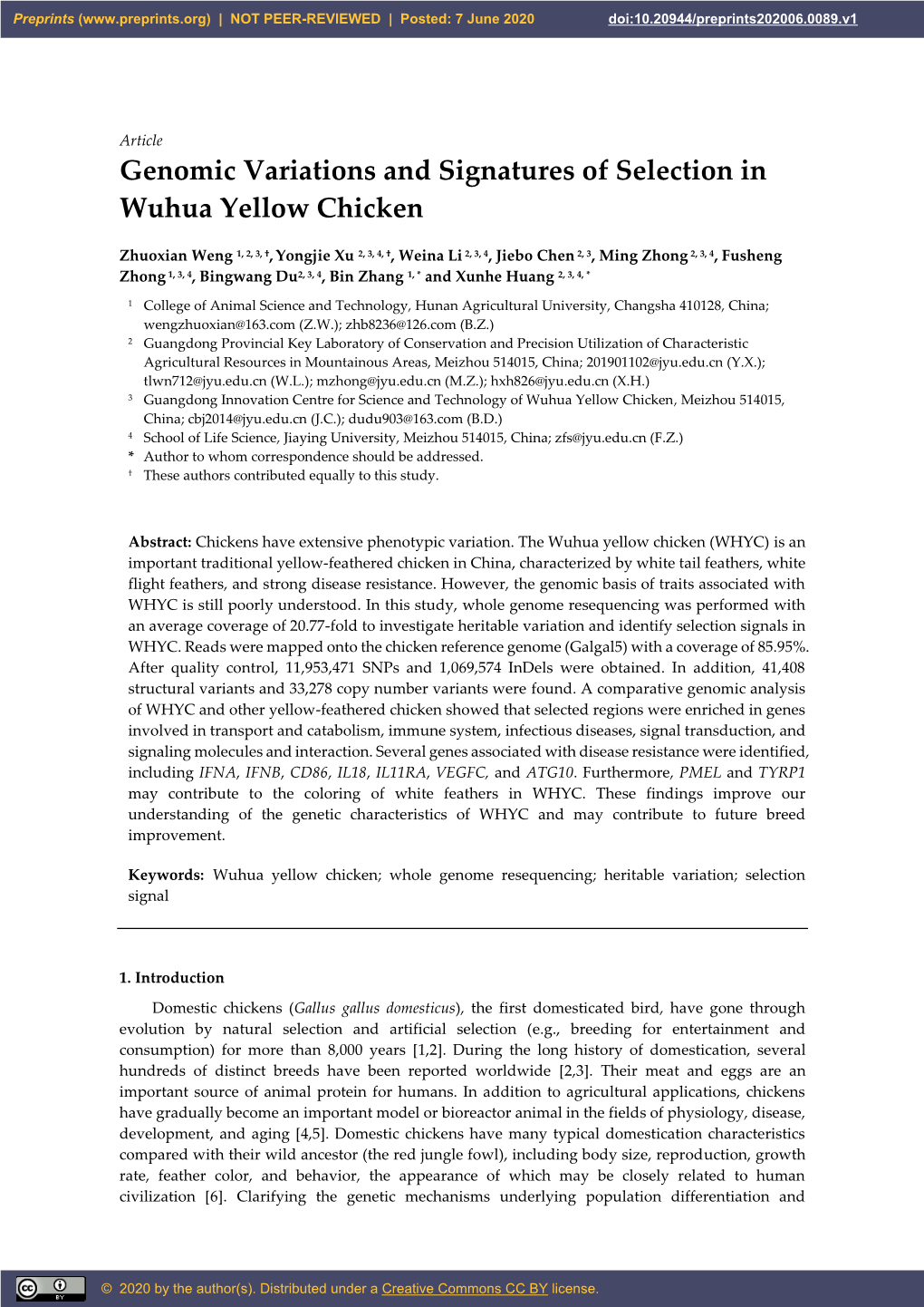 Genomic Variations and Signatures of Selection in Wuhua Yellow Chicken