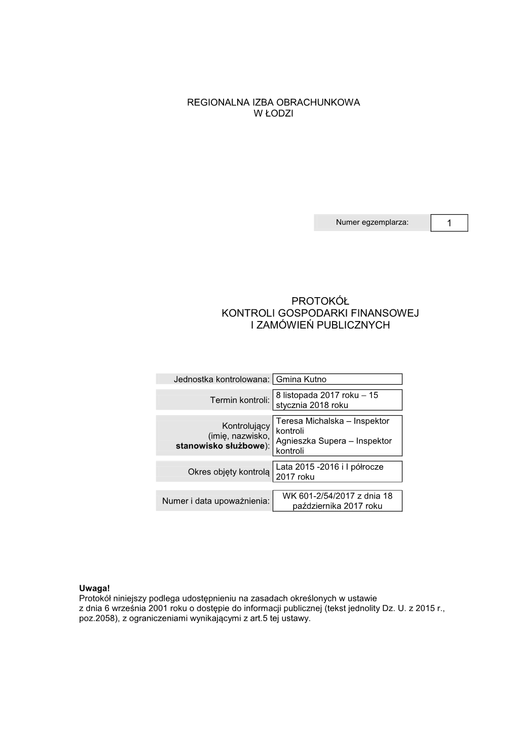 Protokół Kontroli Gospodarki Finansowej I Zamówień Publicznych