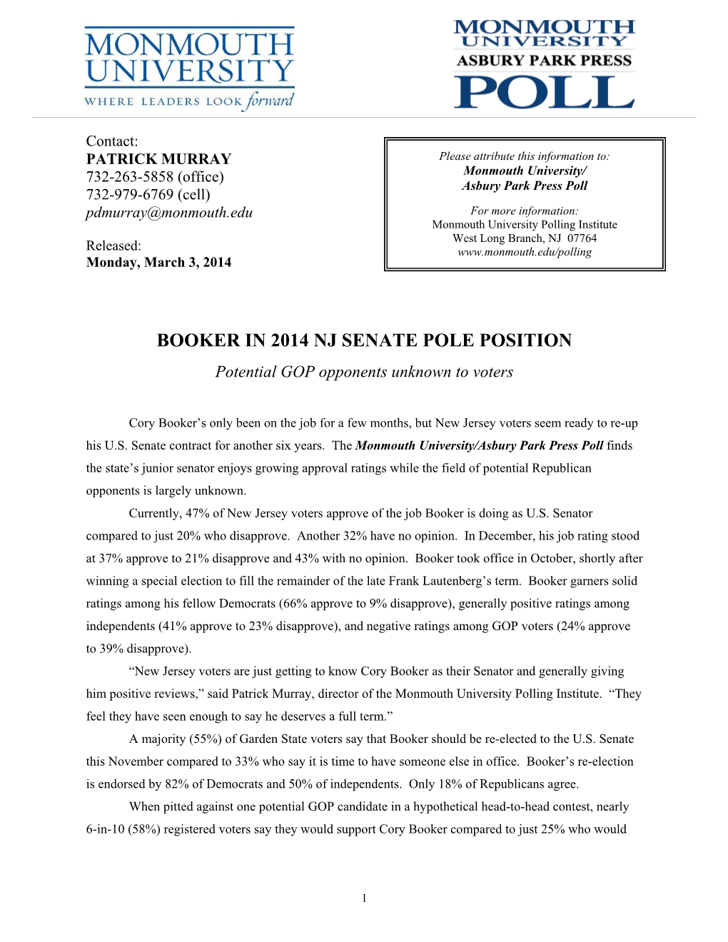 Booker in 2014 Nj Senate Pole Position