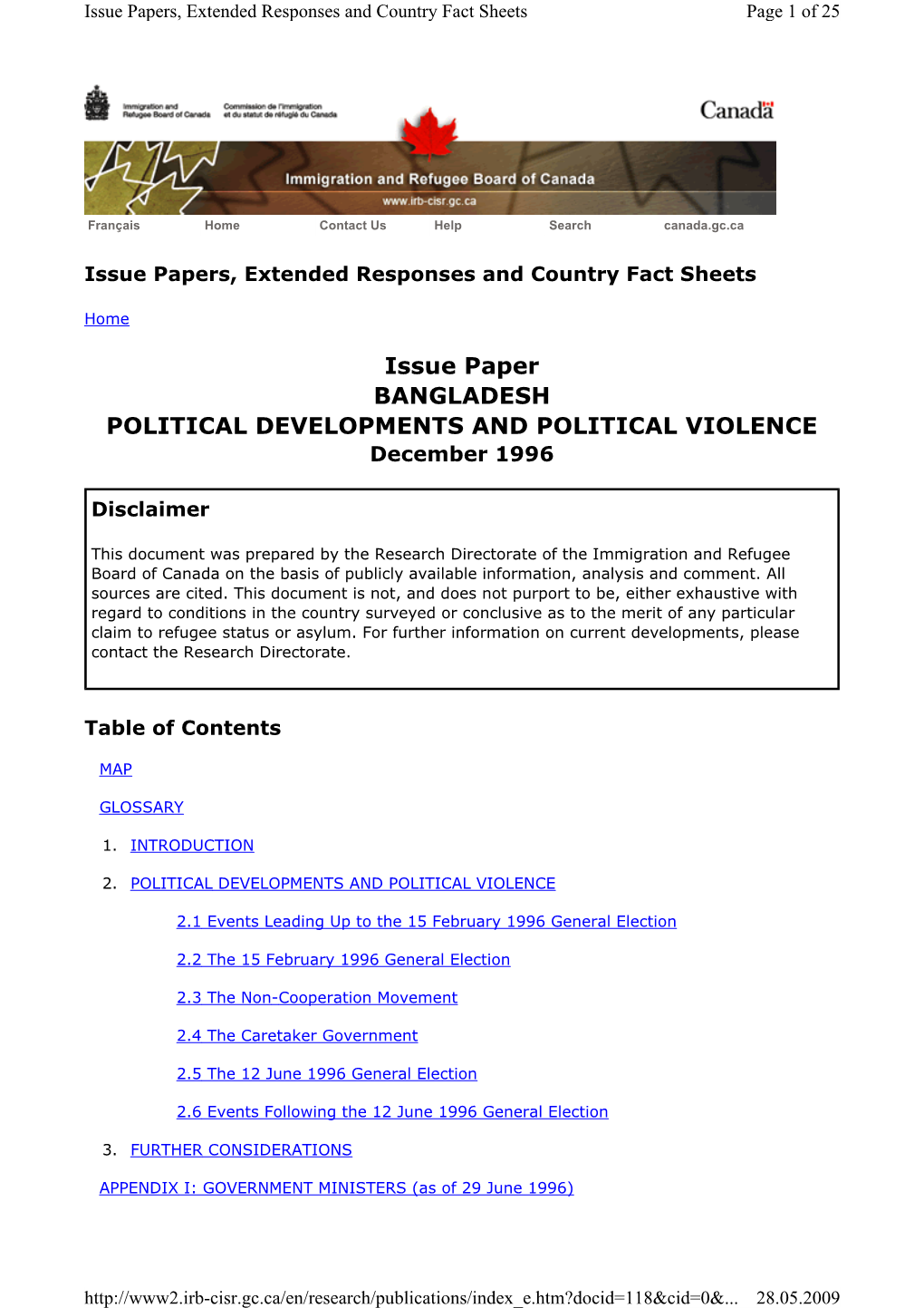 Issue Paper BANGLADESH POLITICAL DEVELOPMENTS and POLITICAL VIOLENCE December 1996