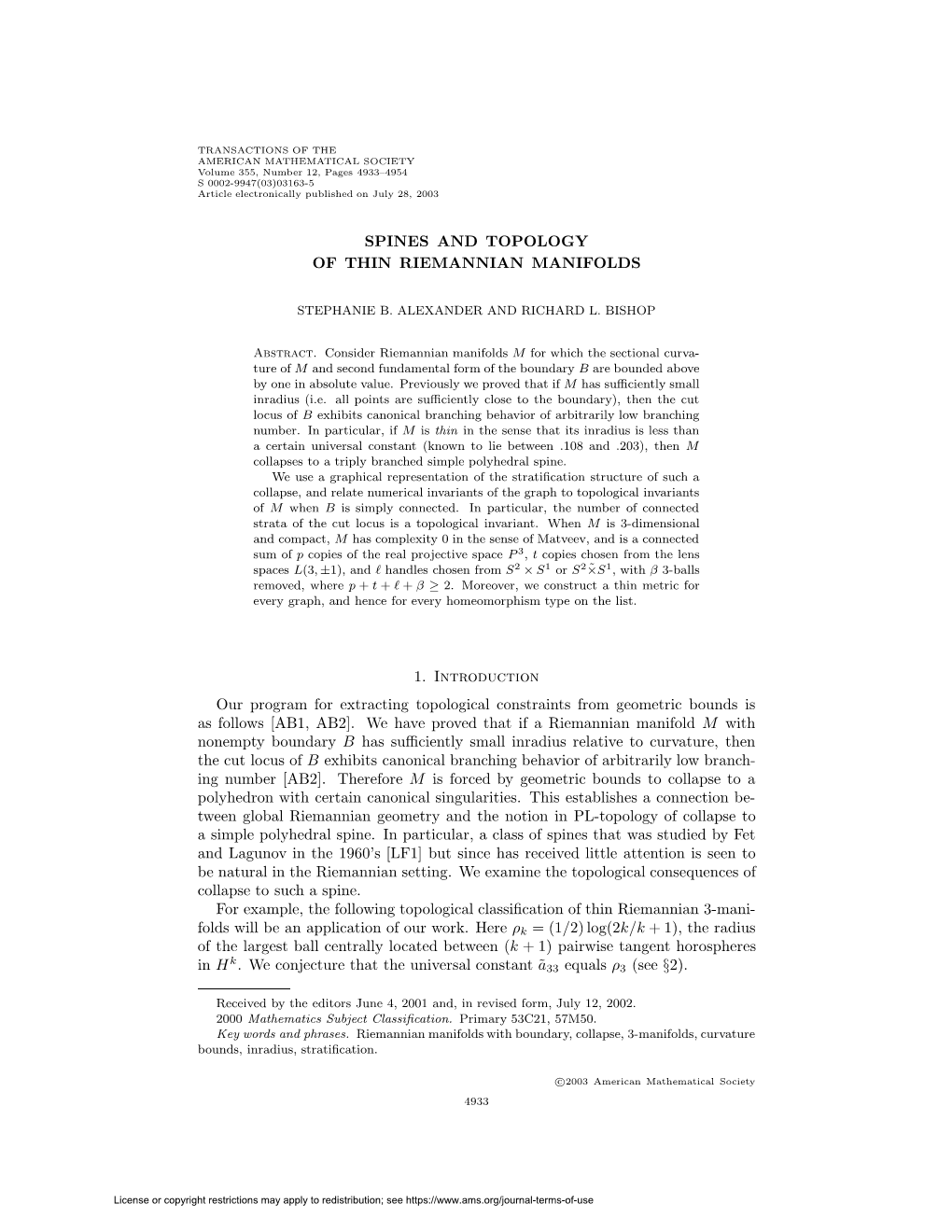 Spines and Topology of Thin Riemannian Manifolds 1