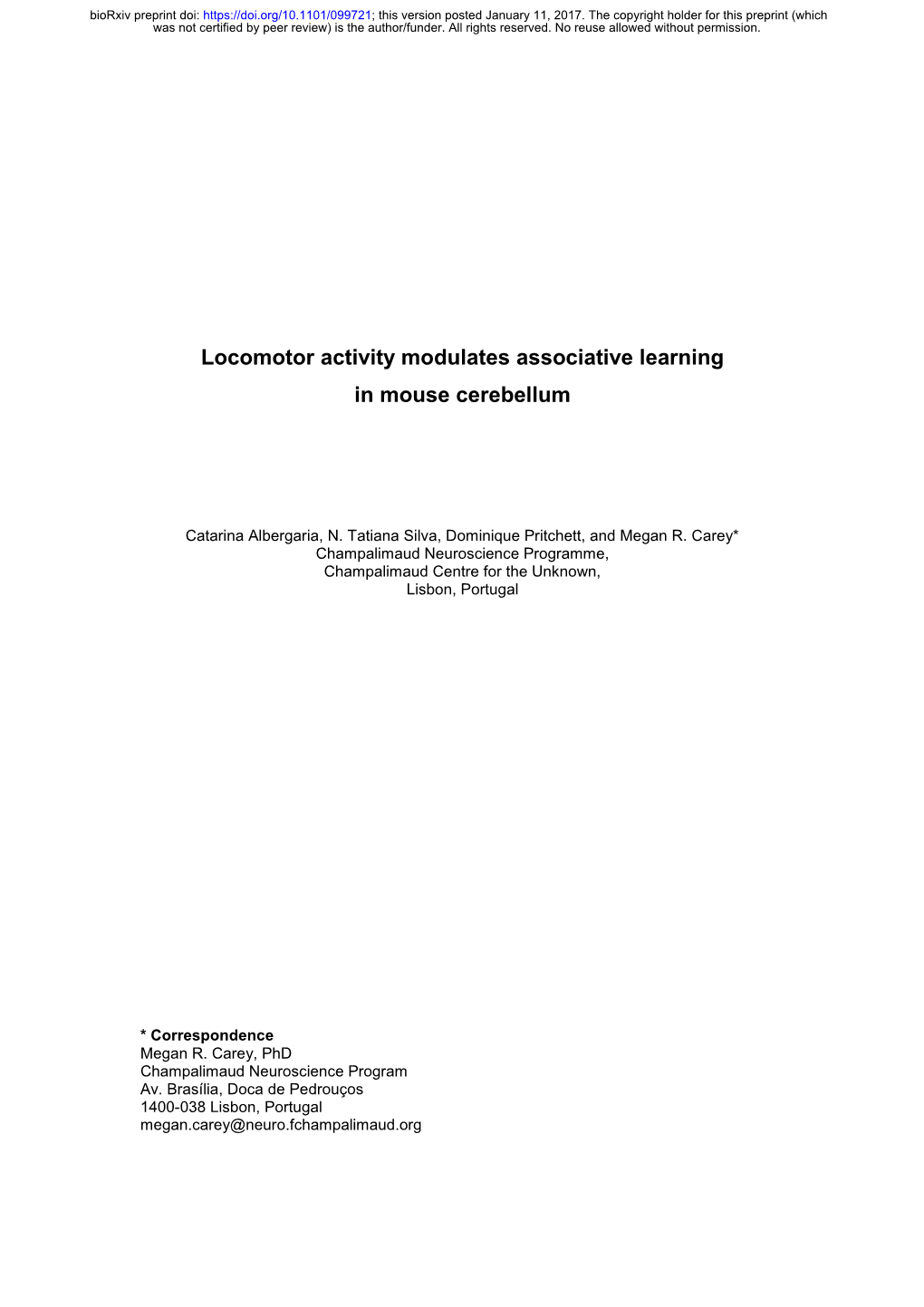 Locomotor Activity Modulates Associative Learning in Mouse Cerebellum