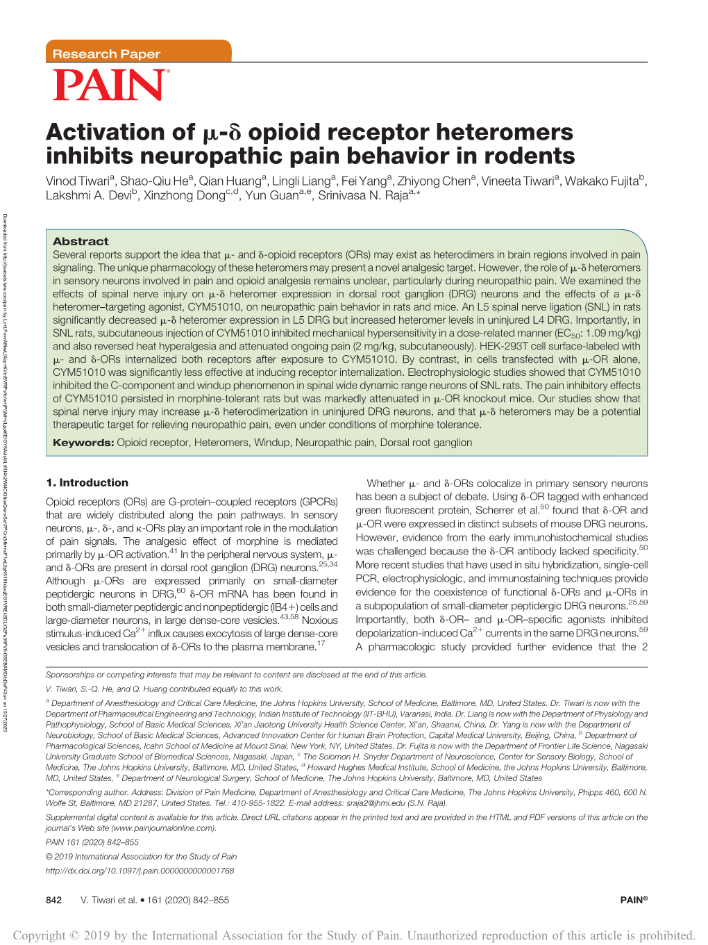 Activation of M-D Opioid Receptor Heteromers Inhibits Neuropathic Pain Behavior in Rodents