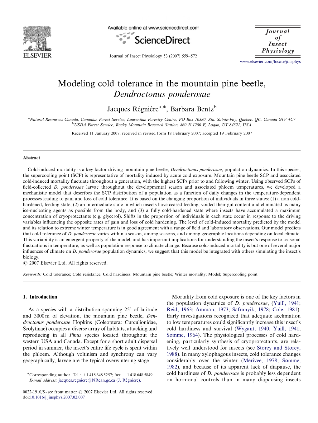 Modeling Cold Tolerance in the Mountain Pine Beetle, Dendroctonus Ponderosae