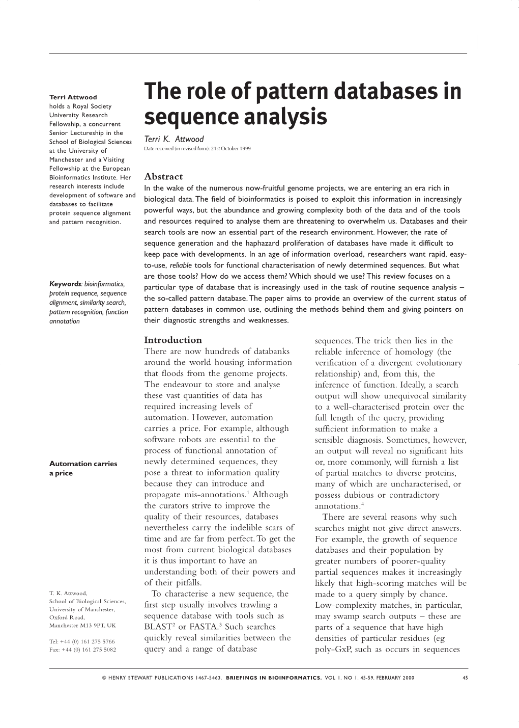 The Role of Pattern Databases in Sequence Analysis