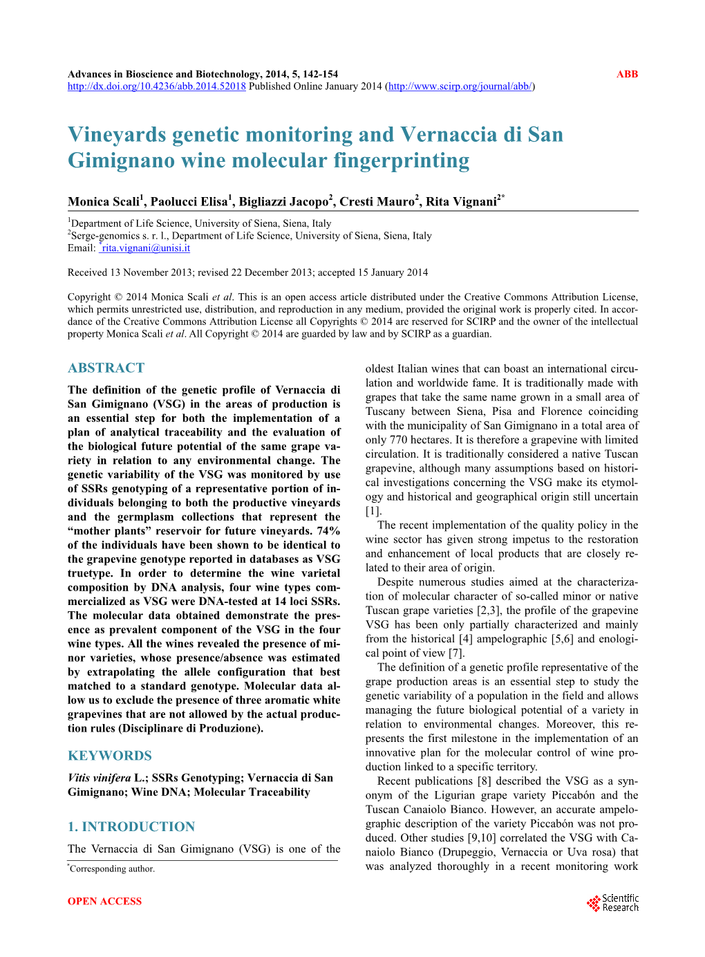 Vineyards Genetic Monitoring and Vernaccia Di San Gimignano Wine Molecular Fingerprinting