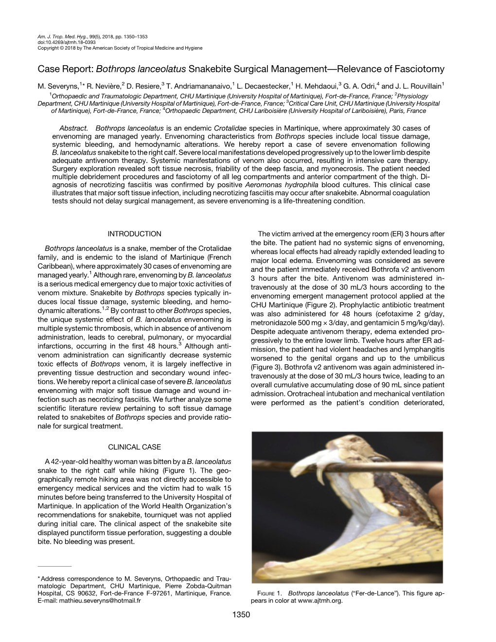 Bothrops Lanceolatus Snakebite Surgical Management—Relevance of Fasciotomy